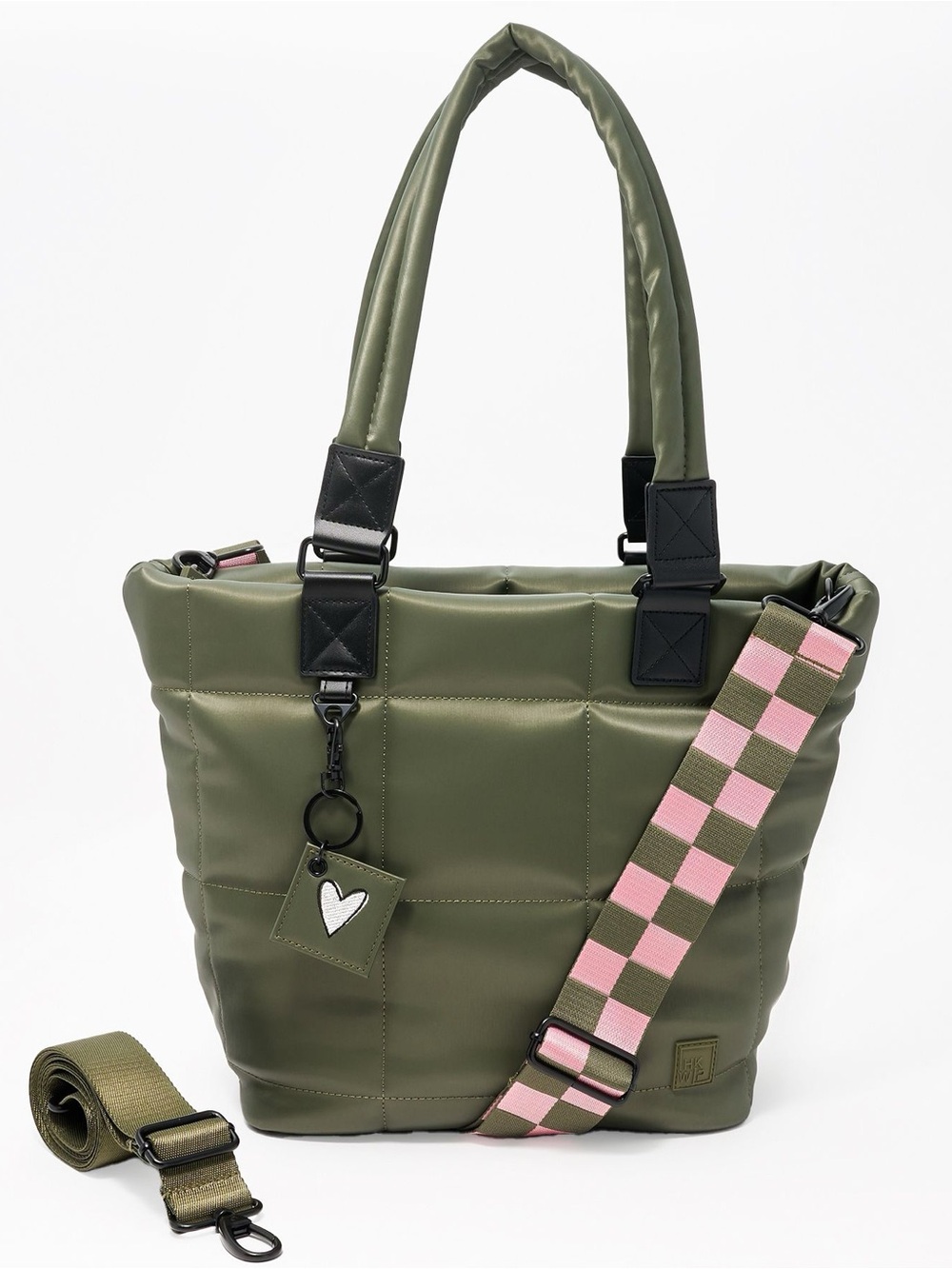 NEW IHKWIP Checkmate Quilted Tote with 2 Crossbody Straps Olive green checkered